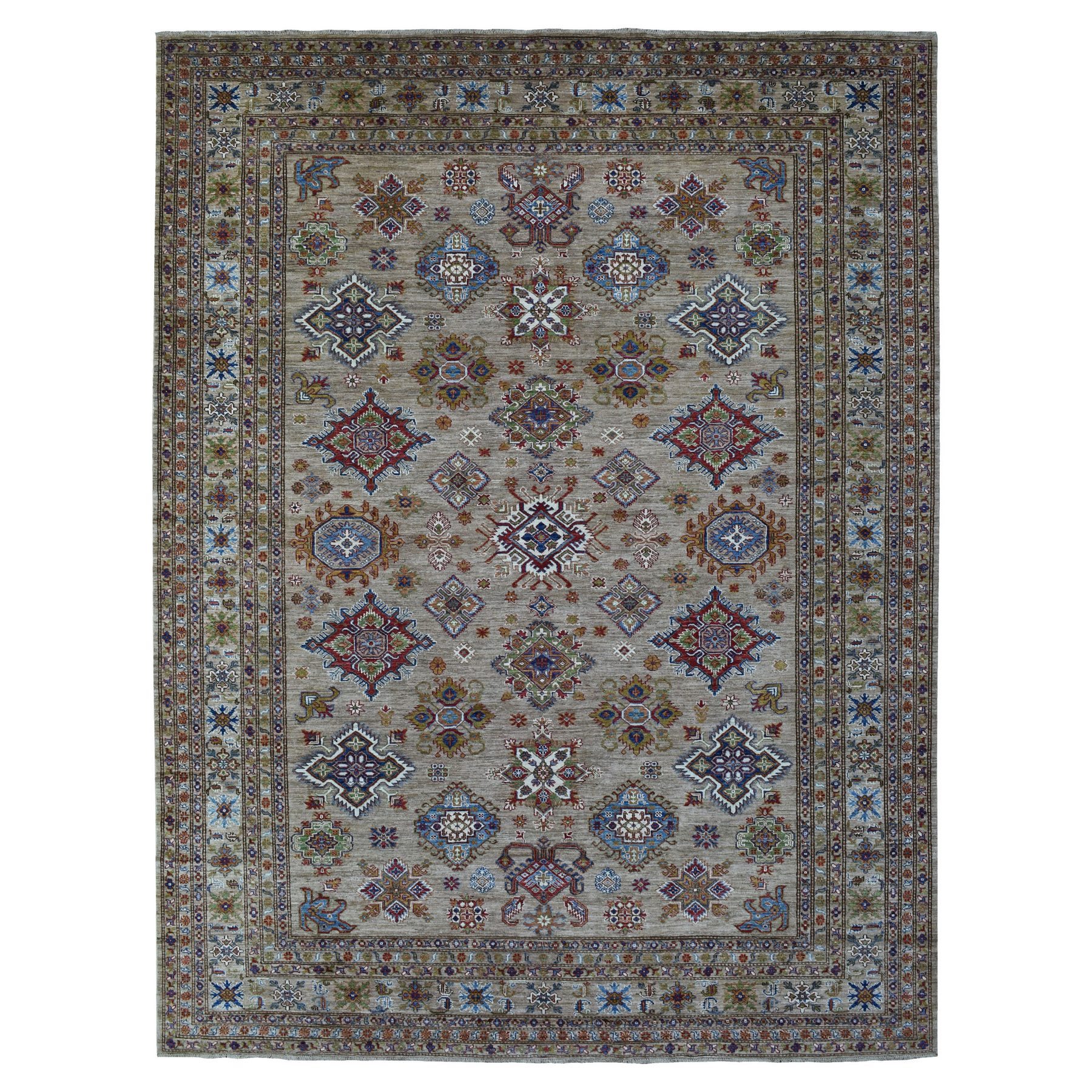 9'x11'9" Hand Knotted Beige Super Kazak with Geometric Design Extra Soft Wool Oriental Rug 